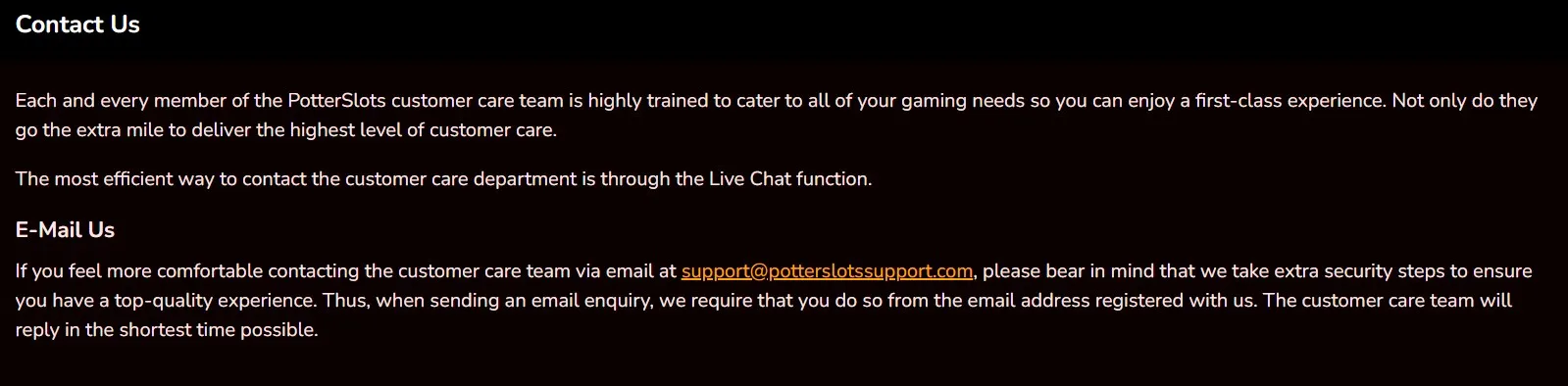 Potter Slots Casino support